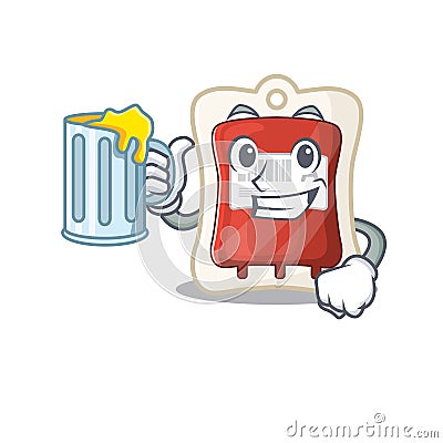 Happy blood bag mascot design with a big glass Vector Illustration