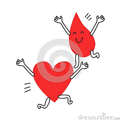 Happy blood drop and heart running towards each other Vector Illustration