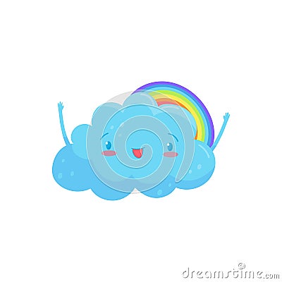 Happy blue cloud with adorable face and little hands, colorful rainbow behind him. Cartoon weather character. Flat Vector Illustration