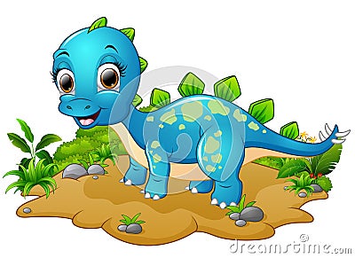 Happy blue dinosaur cartoon Vector Illustration