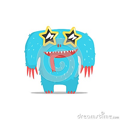 Happy Blue Furry Giant Monster In Star Shaped Dark Glasses Partying Hard As A Guest At Glamorous Posh Party Vector Vector Illustration