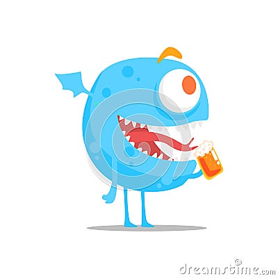 Happy Blue Round Monster With Wings Drinking Beer Partying Hard As A Guest At Glamorous Posh Party Vector Illustration Vector Illustration