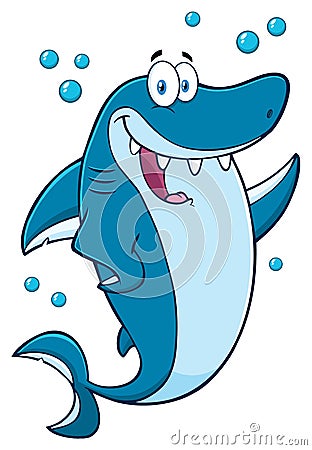 Happy Blue Shark Cartoon Mascot Character Waving For Greeting Vector Illustration