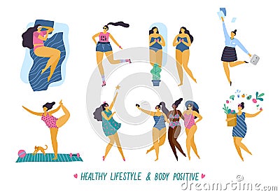 Happy body positive girls with healthy lifestyle in different pose: sleep, sport, love, work, yoga, party and health care. Vector Illustration