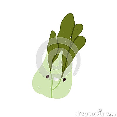 Happy bok choy character. Cute funny vegetable, smiling face expression, positive joyful emotion. Amusing Chinese Vector Illustration