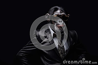 Happy Bonobo In Suit And Sunglasses On Black Background. Generative AI Stock Photo