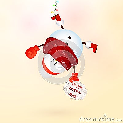 Happy Boxing Day. Cute snowman with hanging upside down . Cartoon Illustration