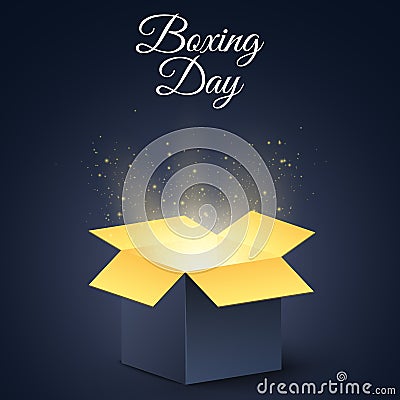 Happy boxing day. A dark, golden magic box. Christmas mysterious gift. Poster for sale. Vector Cartoon Illustration