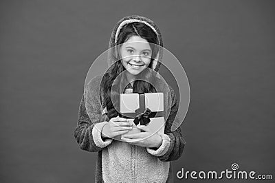 Happy Boxing sale. Happy girl receive gift on boxing day. Small child celebrate boxing day. Present box delivery Stock Photo