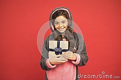 Happy Boxing sale. Happy girl receive gift on boxing day. Small child celebrate boxing day. Present box delivery Stock Photo