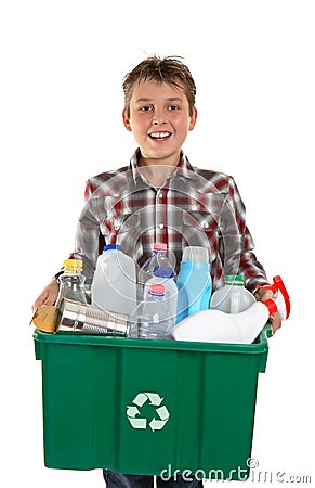 Happy boy carrying rubbish for recycling Stock Photo