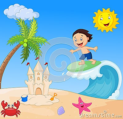 Happy boy cartoon surfing Vector Illustration