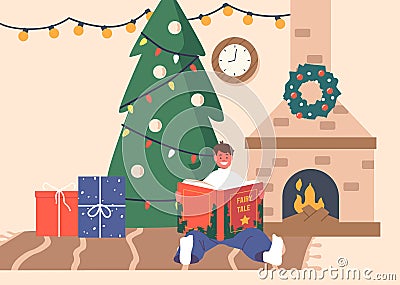 Happy Boy Character Sitting at Burning Fire Place and Decorated Fir Tree Reading Book. Kid Reading Fairy Tale Stories Vector Illustration