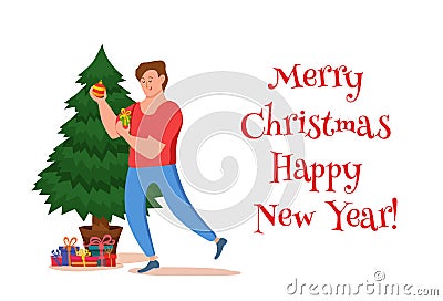 Happy boy decorating Christmas tree with toys, star and garland. Cartoon Illustration