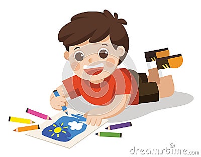 Happy Boy draw pictures pencils and paints on floor.Isolated vector Vector Illustration