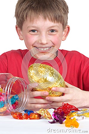 Happy boy with easter egg Stock Photo