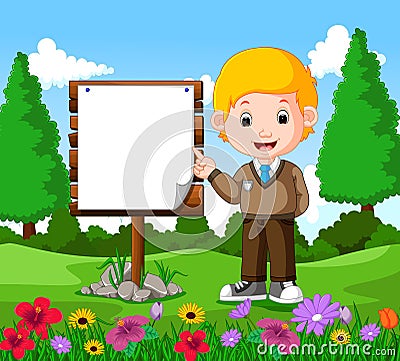 Happy boy with empty signboard Vector Illustration