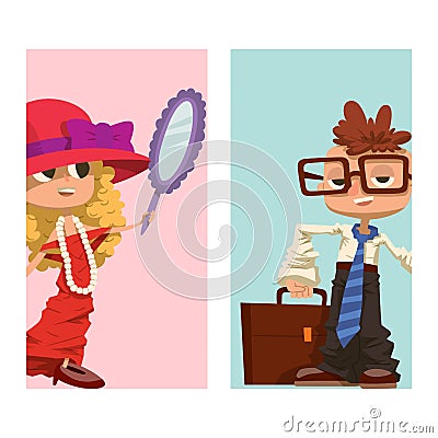 Happy boy and girl cards child young kids dressed like grown man and woman character vector illustration Vector Illustration