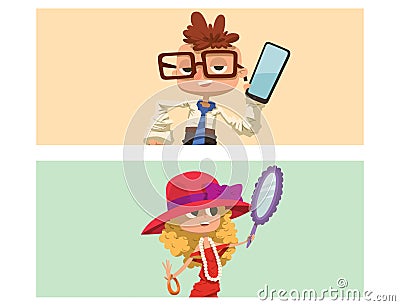 Happy boy and girl cards child young kids dressed like grown man and woman character vector illustration Vector Illustration