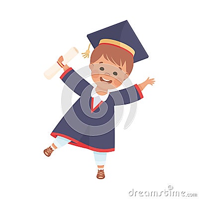 Happy Boy Graduating Wear Blue Gown and Graduation Cap Hold Diploma Vector Illustration Vector Illustration
