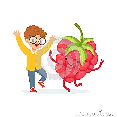 Happy boy having fun with fresh smiling raspberry, healthy food for kids colorful characters vector Illustration Vector Illustration