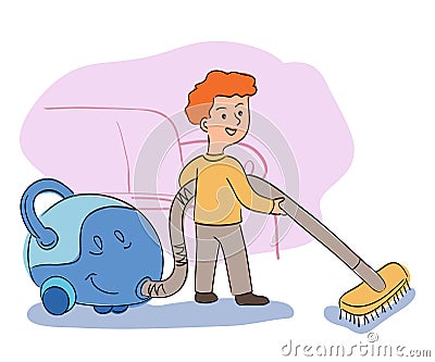 Happy boy helper cleaning room with vacuum cleaner Vector Illustration