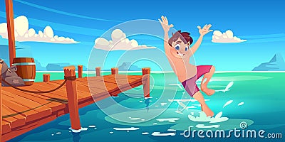 Happy boy jump into lake water from wooden pier, Vector Illustration