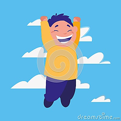 Happy boy jumping clouds background Vector Illustration