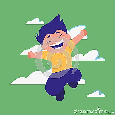 Happy boy jumping clouds background Vector Illustration