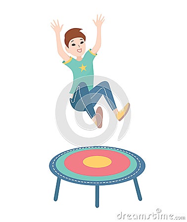 Happy boy jumping on a trampoline. Vector colorful illustration on white background. Vector Illustration