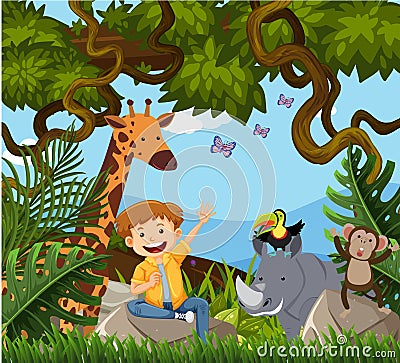 A Happy Boy in Jungle Vector Illustration