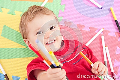 Happy boy with kids drawing pens Stock Photo