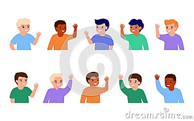 Happy boy kids waving hands hello. Smiling little children greeting, welcome or goodbye gesture. Young friends Vector Illustration