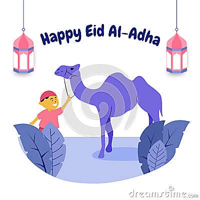 Happy boy play with camel flat style illustration. Islamic design illustration concept for Happy eid al adha or sacrifice Vector Illustration