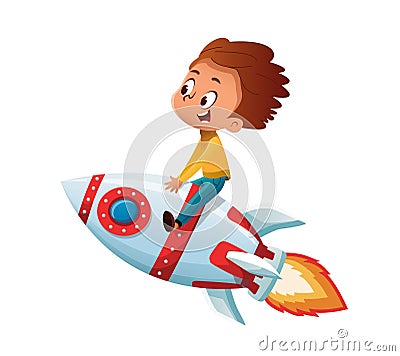 Happy Boy playing and imagine himself in space driving an toy space rocket. Vector cartoon illustration. Isolated Vector Illustration