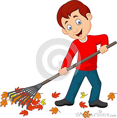 Happy boy raking leaves Vector Illustration