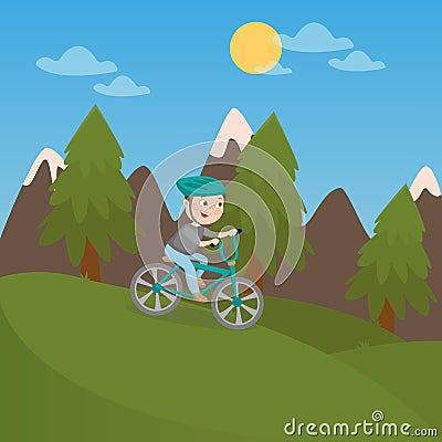 Happy Boy Riding Bicycle in Mountains. Children Vacation. Vector Illustration