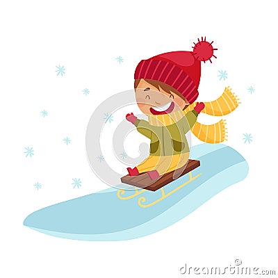 Happy Boy in Scarf and Knitted Hat Sledging Downhill Enjoying Winter Vector Illustration Vector Illustration