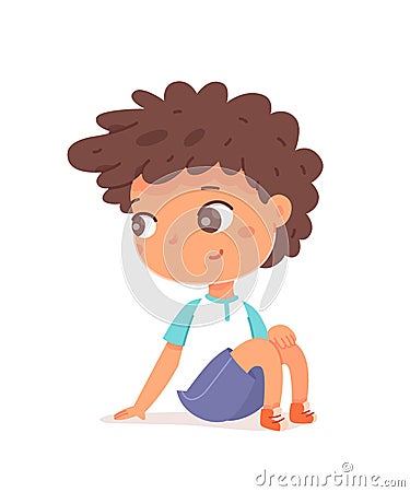 Happy boy sitting and looking. Joyful smiling thoughtful child on floor. Positive emotion and fun vector illustration Vector Illustration