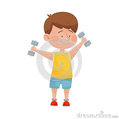 Happy Boy in Sport Wear Holding Bar Bells and Doing Morning Exercises Vector Illustration Vector Illustration