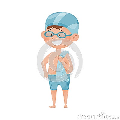 Happy Boy in Swimtrunks and Watersport Goggles Holding Towel Vector Illustration Vector Illustration