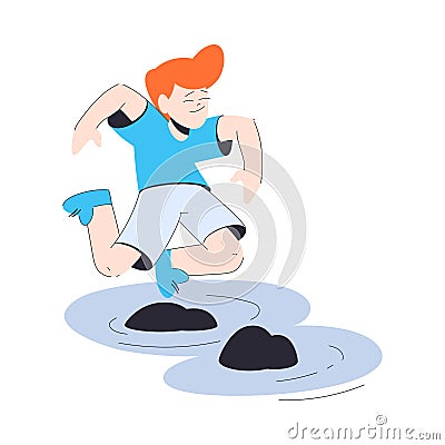 Happy Boy Walk Over Water Step on Pebble Having Fun Vector Illustration Vector Illustration