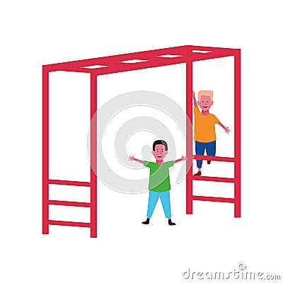 Happy boys playing on a Horizontal Ladder Playground icon Vector Illustration