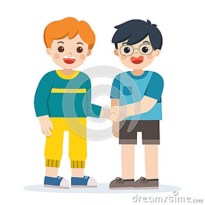 Happy boys standing and shaking hands making peace. Vector Illustration