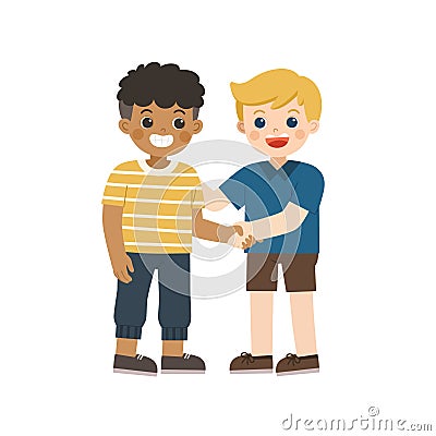 Happy boys standing and shaking hands making peace. Happy multiracial kids best friends. Vector Illustration