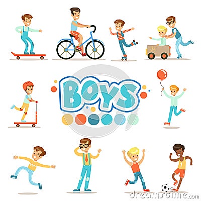 Happy Boys And Their Expected Classic Behavior With Active Games And Sport Practices Set Of Traditional Male Kid Role Vector Illustration