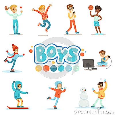 Happy Boys And Their Expected Normal Behavior With Active Games And Sport Practices Set Of Traditional Male Kid Role Vector Illustration