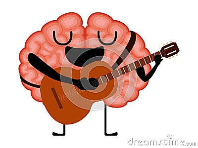 Happy brain cartoon with a guitar Vector Illustration