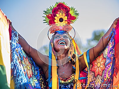 Happy Brazilian Woman Wearing Colorful Costume at Carnaval 2016 in Rio de Janeiro, Brazil Editorial Stock Photo