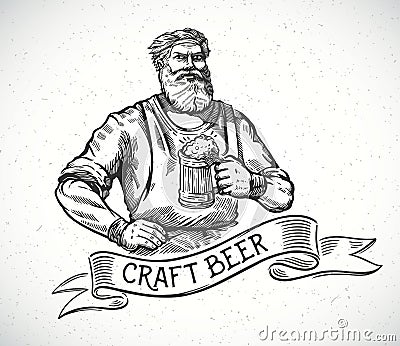 Happy brewer in engraving style. Vector Illustration